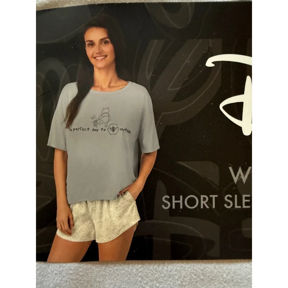 Disney Winnie the Pooh Pajama Set Womens XXL 20-22 Grey Short Sleeve Shorts New - Picture 2 of 5
